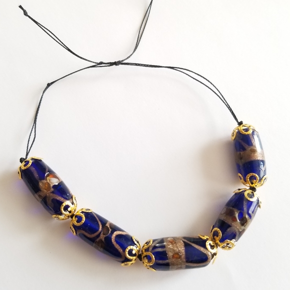 Handmade beaded bracelet cobalt blue art glass beads gold tone black cord - Picture 5 of 11